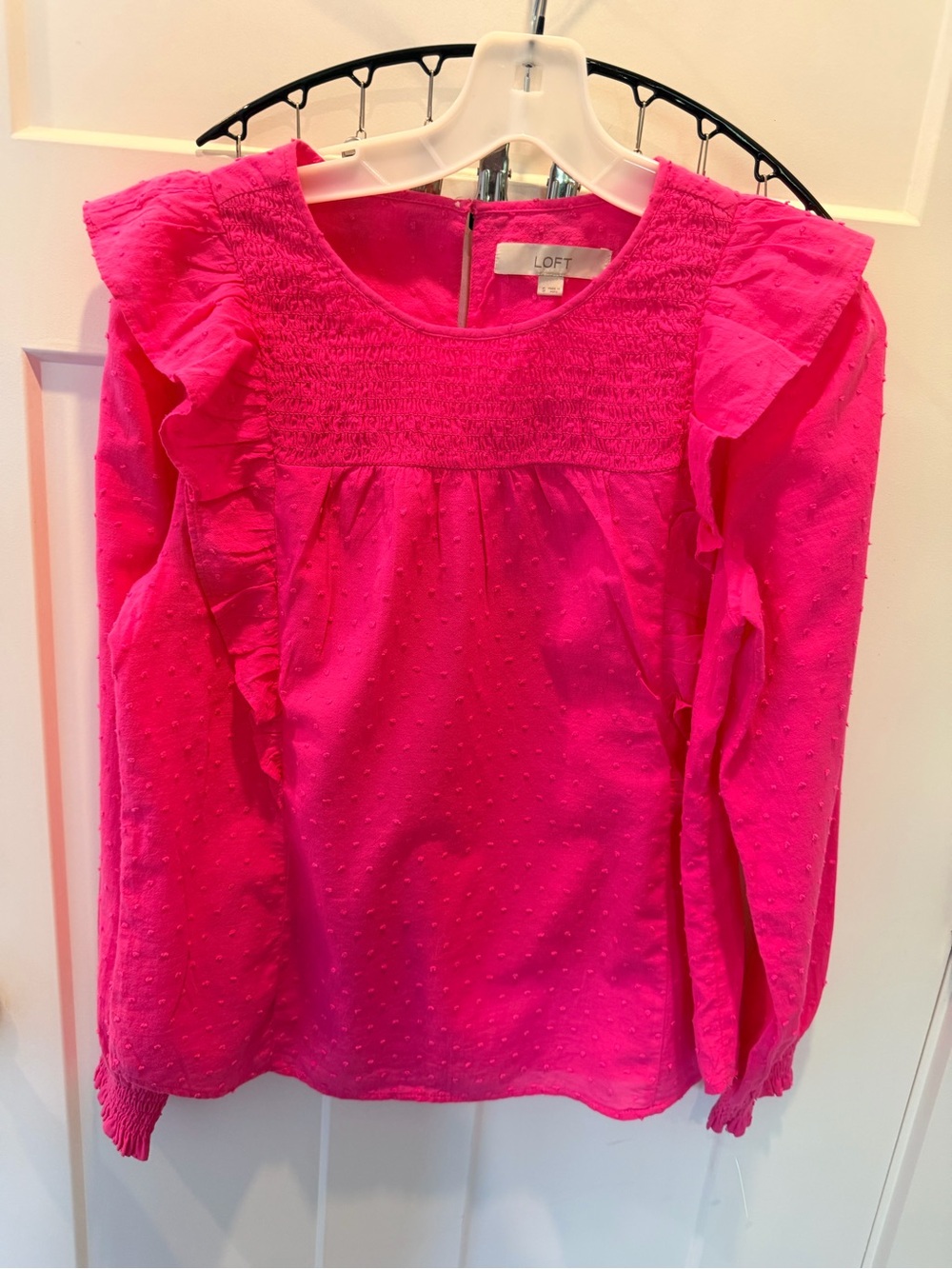 LOFT Hot Pink Swiss Dot Smocked Ruffle Blouse Long Sleeve Small